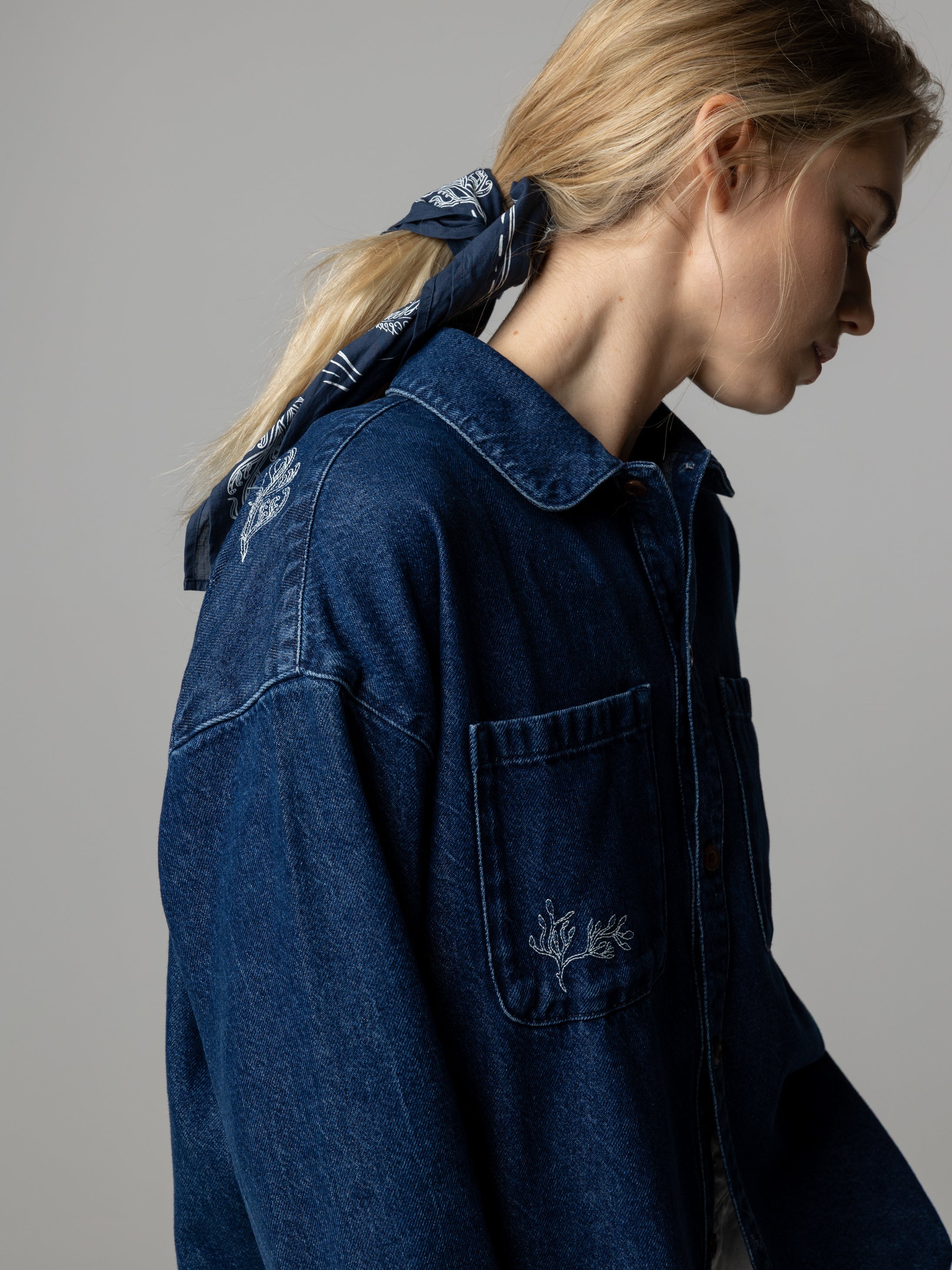 Women's Floral Marine Denim Shirt